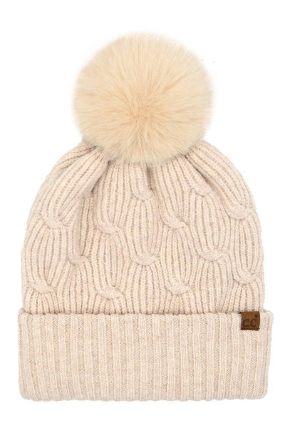 C.C Chain Link Knitted Pom Beanie Winter Hat: Beige