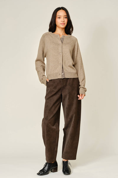 WOOL BLENDED PLAID PLACKET DETAIL SWEATER CARDIGAN: MUSHROOM