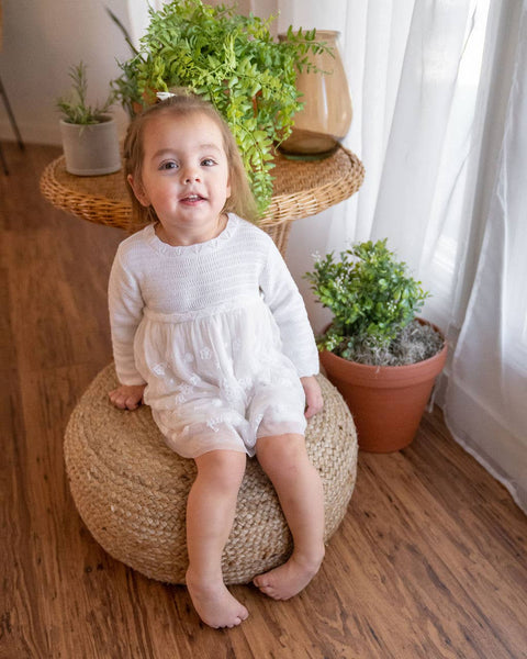 Milan White Floral Embroidered Tutu Knit Baby Dress Organic: Pure White