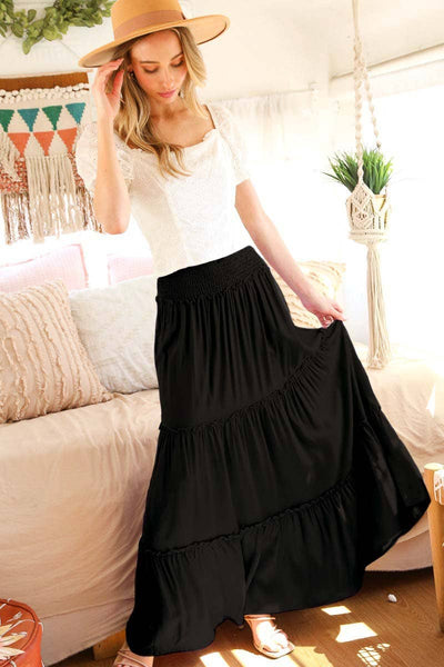Smocked Waisted Flowy Tiered Boho Maxi Skirts VS73053: Black / S - Lulu Bella Boutique