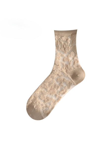 Elegant Bloom Sheer Lace Socks: Khaki