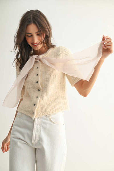 KNIT CARDIGAN WITH CHIFFON BOW - SAND