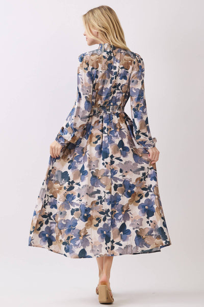 SMOCK NECK & WAIST RUFFLE MAXI FRONT SLIT DRESS: PURPLE BLUE