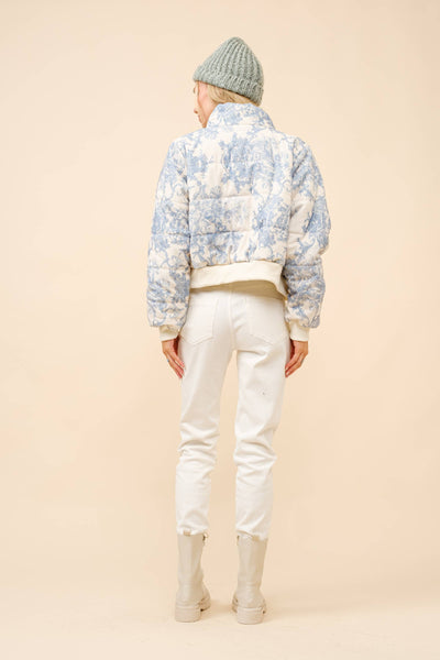 36283J - Toile Inspired Corduroy Puffer Crop Jacket: BLUE / S