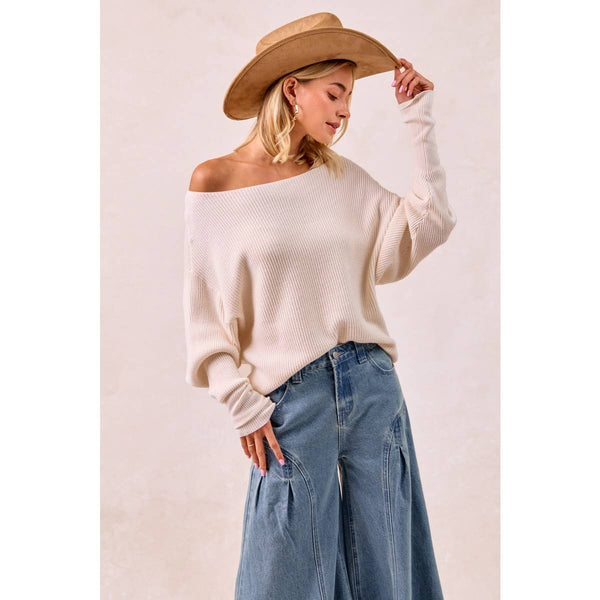 WAFFLE KNIT OFF SHOULDER TOP: IVORY / S - Lulu Bella Boutique