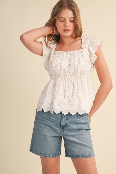 EMBROIDERED FLORAL BABYDOLL TOP MTP4861: OFF WHITE / S - Lulu Bella Boutique