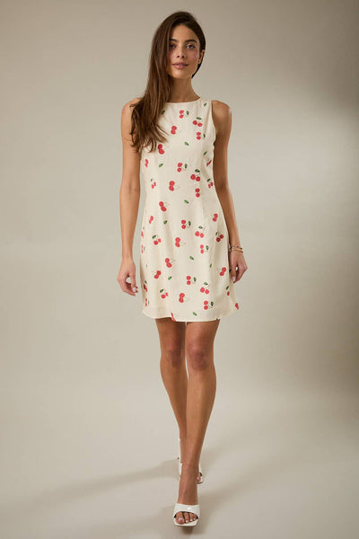 BOAT NECK SLEEVELESS CHERRY PRINTED MINI DRESS: CREAM-MULTI / S - Lulu Bella Boutique