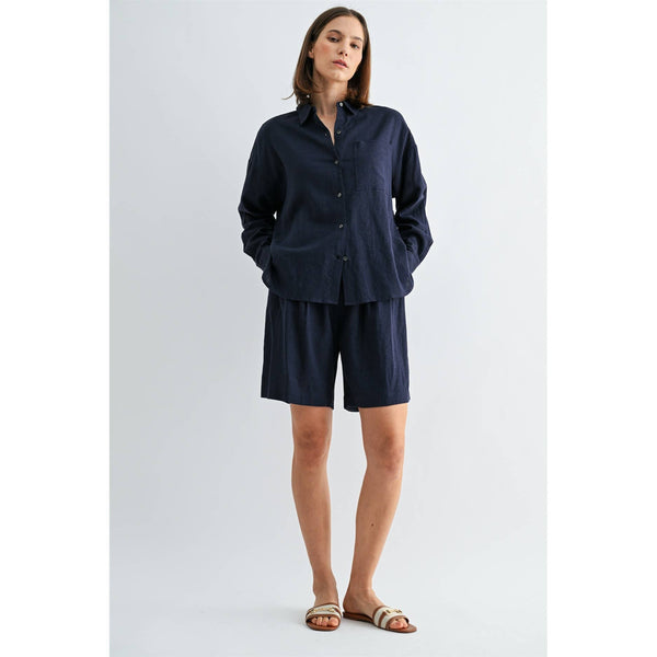 LINEN DROP SHOULDER SHIRT: Navy / S-M-L(2-2-2) - Lulu Bella Boutique