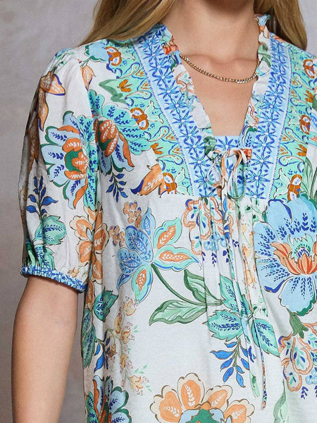 Floral Printed Short Sleeve Blouse: Blue Mlt / XS - Lulu Bella Boutique