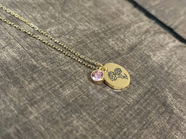 Gold Birth Flower Necklaces - Stainless Steel: February