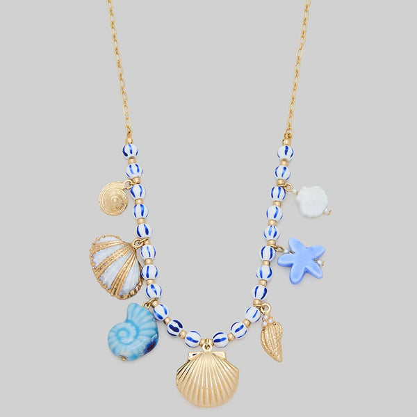 CERAMIC SEA LIFE CHARM AND SHELL LOCKET NECKLACE: BLUE / 1 SIZE - Lulu Bella Boutique