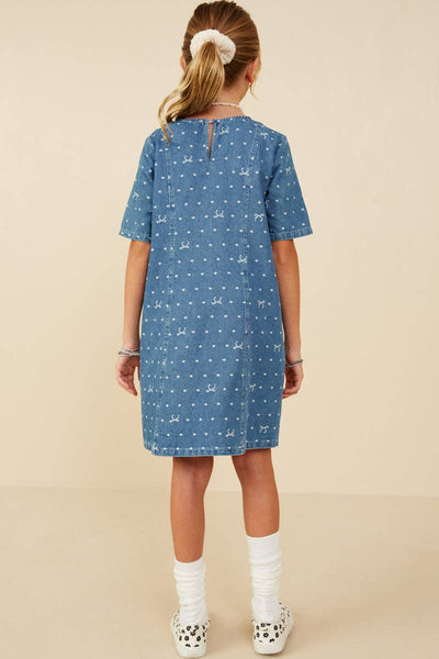 Girls Polka Dot And Bow Print Denim Dress: Mid Denim