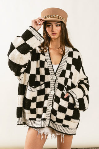 Patch Pocket Checkered Cardigan