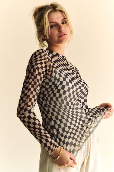 Checkered Mesh Long Sleeve Top