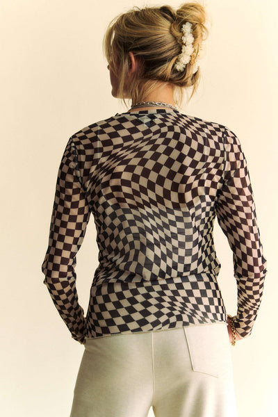 Checkered Mesh Long Sleeve Top