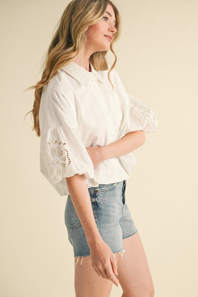 Cut Out Embroidered Bubble Sleeve Top