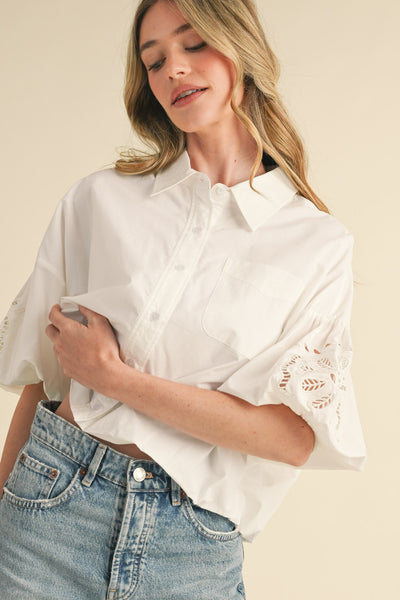 Cut Out Embroidered Bubble Sleeve Top