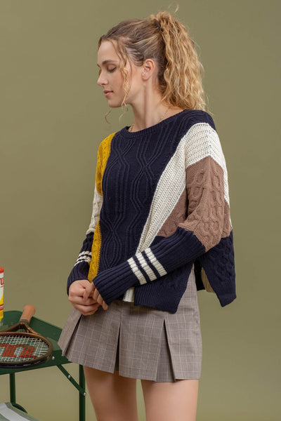 Colorblock Mixed Cableknit Sweater