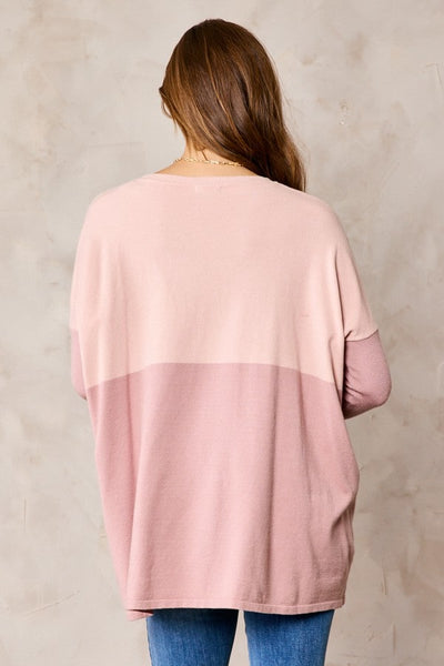 Color Block Knit Oversizec Sweater in Dark Pink