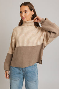 Color Block Turtleneck Sweater Top in Taupe & Cream