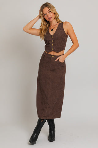 Cord Skirt & Vest Set in Rich Brown