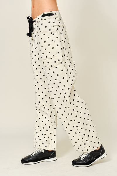 Polka Dot Barrel Denim Pants With Eyelet Waist