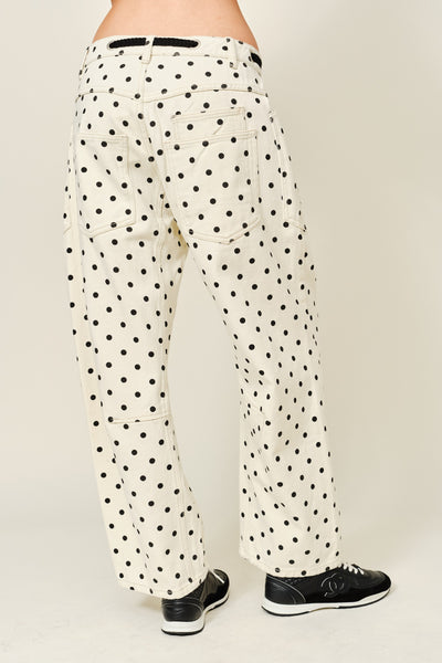 Polka Dot Barrel Denim Pants With Eyelet Waist