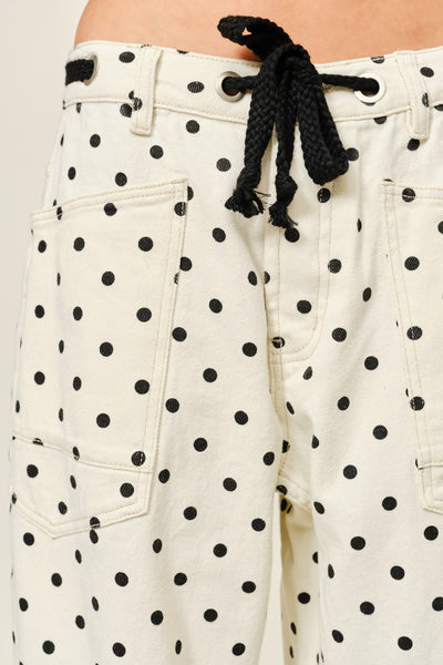 Polka Dot Barrel Denim Pants With Eyelet Waist