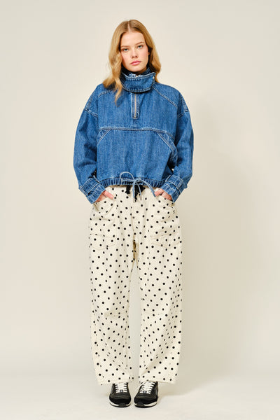 Polka Dot Barrel Denim Pants With Eyelet Waist