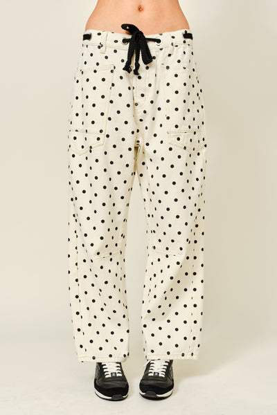 Polka Dot Barrel Denim Pants With Eyelet Waist