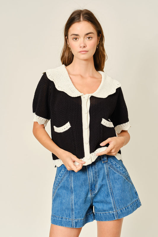 Crochet Collared Sweater Cardigan - Lulu Bella Boutique
