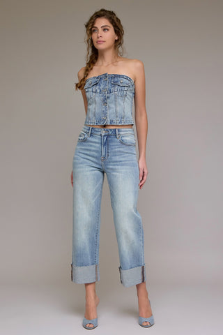Vintage Wash High Rise Cuffed Wide Straight
