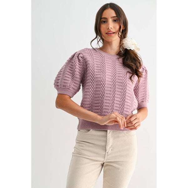 TEXTURED PUFF SLEEVE KNIT SWEATER: MAUVE