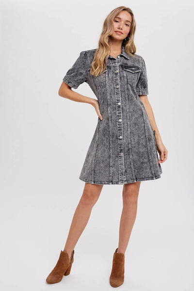 BUTTON UP DENIM DRESS: WASHED BLACK