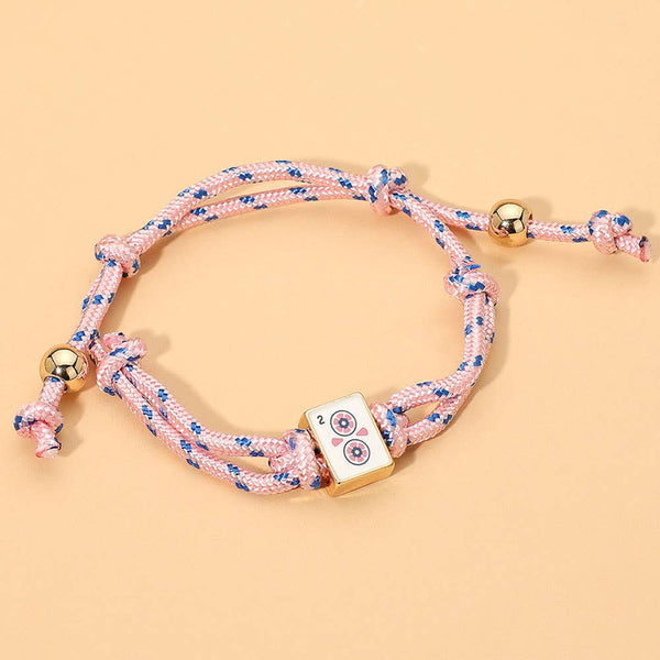 Mahjong Tile Charm Accent Knotted Cord Adjustable Cinch Pull Tie Bracelet: Gold,Pink