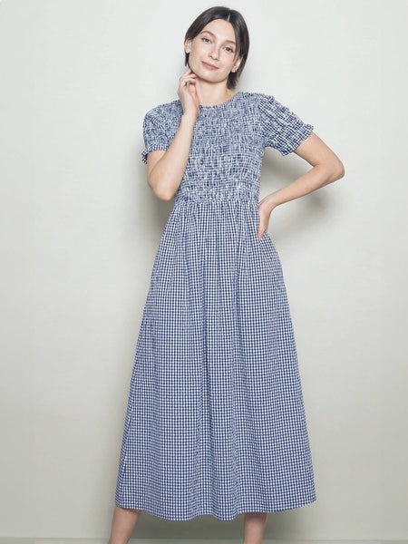 Round Neck Half Sleeve Smocked Cotton Gingham Midi Dress: Blue / S - Lulu Bella Boutique