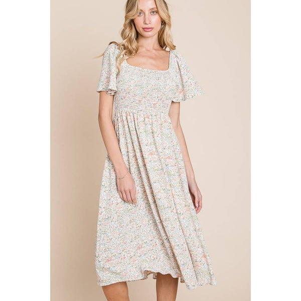 Floral Print Square Neck Smocked Midi Dress: Cream - Lulu Bella Boutique