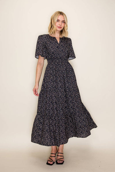 Ditsy Floral Flutter Sleeve Midi Dress: Navy / S - Lulu Bella Boutique