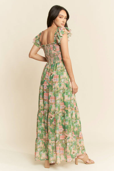 VILLAGE SMOCKING BODICE RUFFLE SLEEVE MAXI DRESS: Pink green / S - Lulu Bella Boutique
