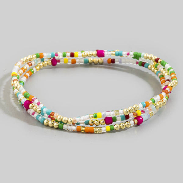 Multicolor Seed Bead And Gold Stretch Bracelet Set: MXG1