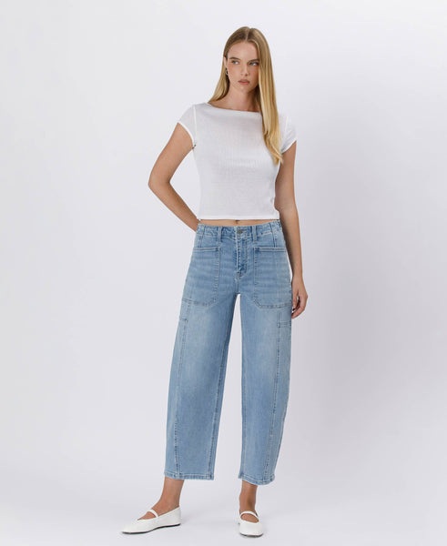 SUPER HIGH RISE ELASTIC BAND BARREL JEANS F5831: ACCOMPLISHMENTS / 24 - Lulu Bella Boutique