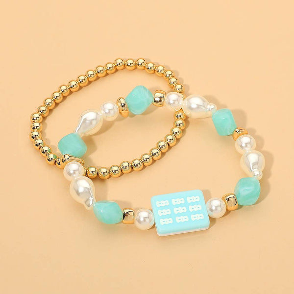 2PCS - Mahjong Tile Pearl Beaded Stretch Multi Layered Bracelets: Blue,Gold