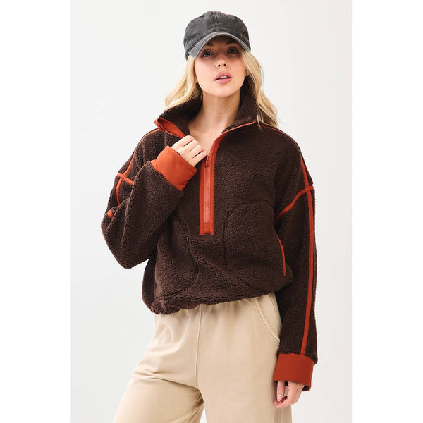 HALF ZIP CONTRAST DETAIL FLEECE SWEATSHIRT: BROWN / S-M-L(2-2-2) - Lulu Bella Boutique