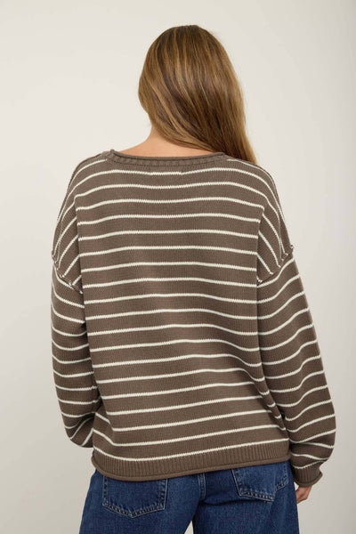 CREAM STRIPED DROP SHOULDER CREW NECK SWEATER: TAUPE