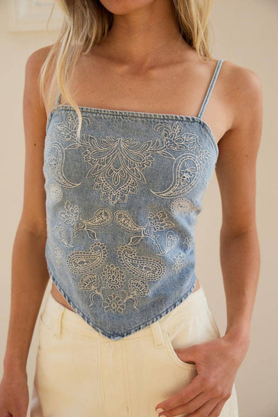 Denim Paisley Embroidery Bandana Top - RT1255: WASHED DENIM / S-M-L (3-2-1) - Lulu Bella Boutique
