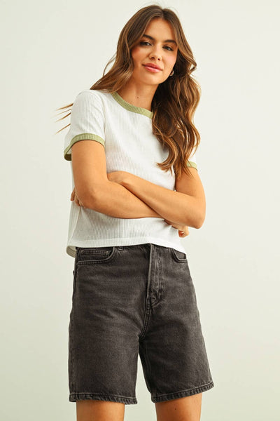 ET6124   COLOR COMBO WAFFLE FABRIC TOP: WHITE/SAGE / S - Lulu Bella Boutique