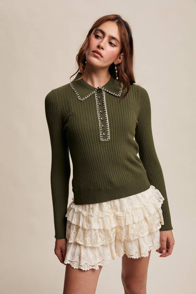 Contrast Stitch Ribbed Knit Top : Dark Olive