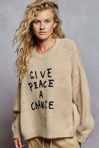 Long sleeve round neck solid words knit sweater top: OATMEAL / S - Lulu Bella Boutique