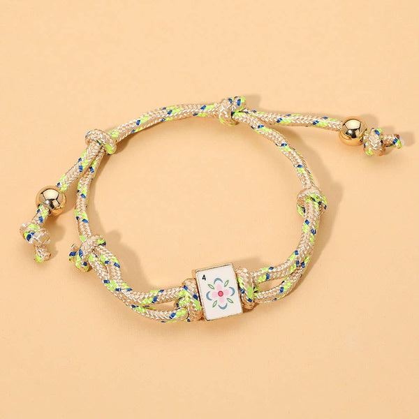 Mahjong Tile Charm Accent Knotted Cord Adjustable Cinch Pull Tie Bracelet: Gold,Ivory - Lulu Bella Boutique