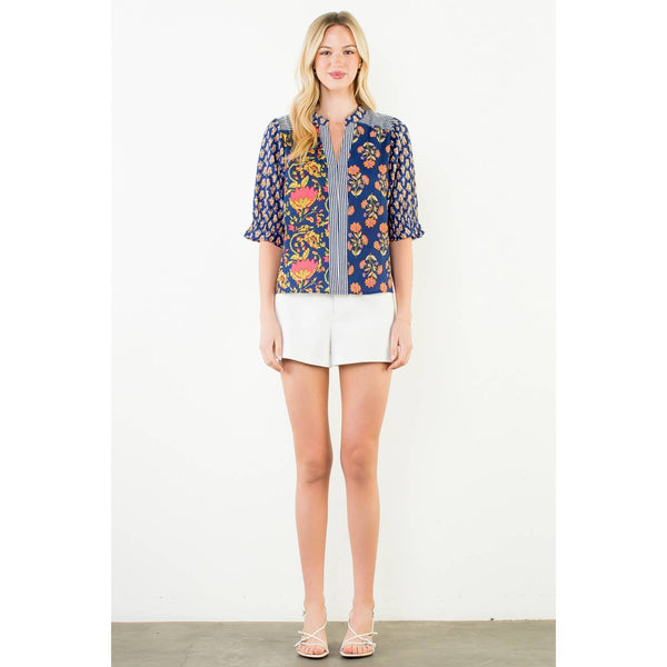Short Sleeve Floral Detailed Top: BLUE / XS-S-M-L(1-2-2-1) - Lulu Bella Boutique